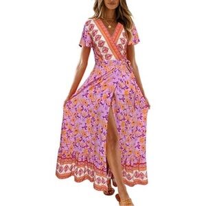 Zesica Bohemian Floral Maxi Dress in Pink and Orange Large NWOT